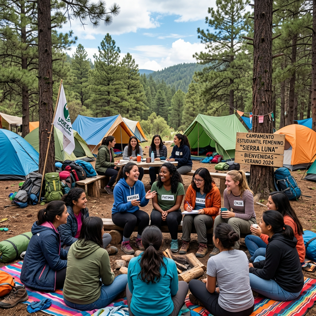 Group of women students sitting around a campfire at Sierra Luna women's student camp with tents and forest background